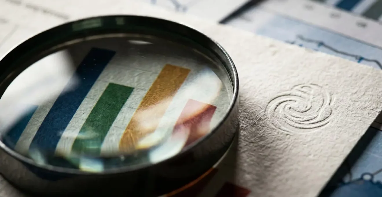 Vue macro de documents financiers avec loupe révélant des graphiques abstraits