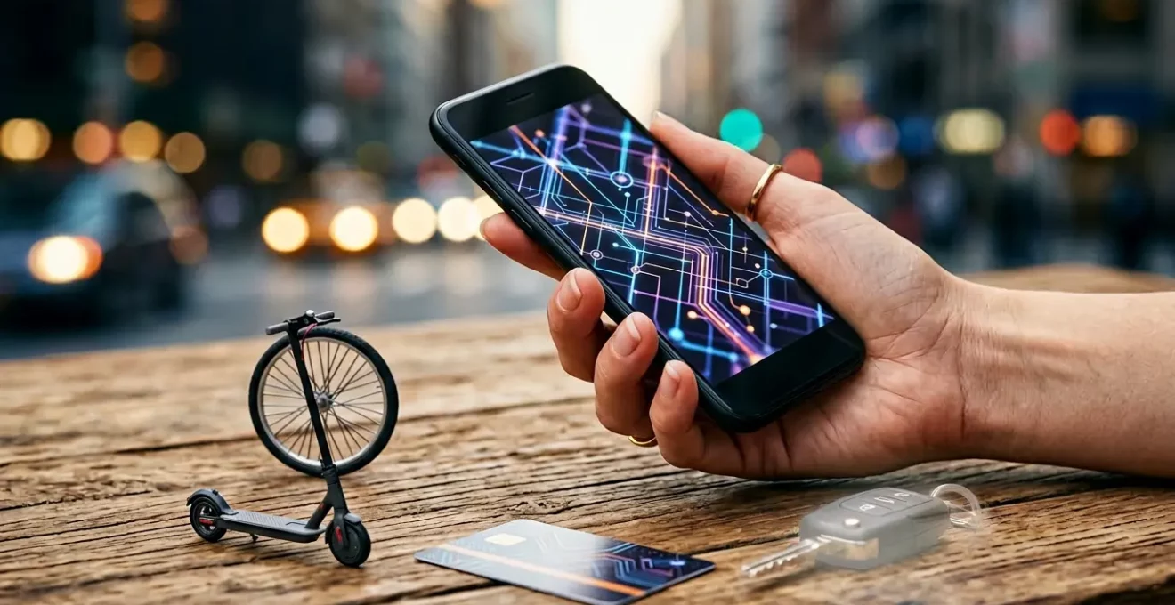 Application de mobilité multimodale affichée sur un smartphone avec différents modes de transport intégrés