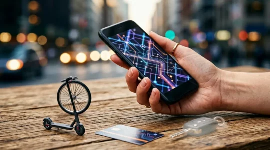 Application de mobilité multimodale affichée sur un smartphone avec différents modes de transport intégrés