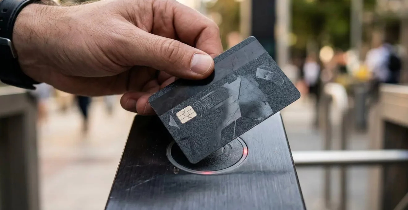 Main tenant un badge d'accès électronique devant une barrière d'entrée de zone piétonne urbaine