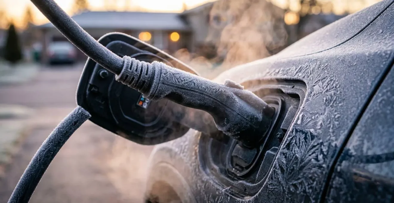 Gros plan sur un câble de charge connecté à une voiture électrique couverte de givre avec vapeur s'échappant de la batterie préchauffée