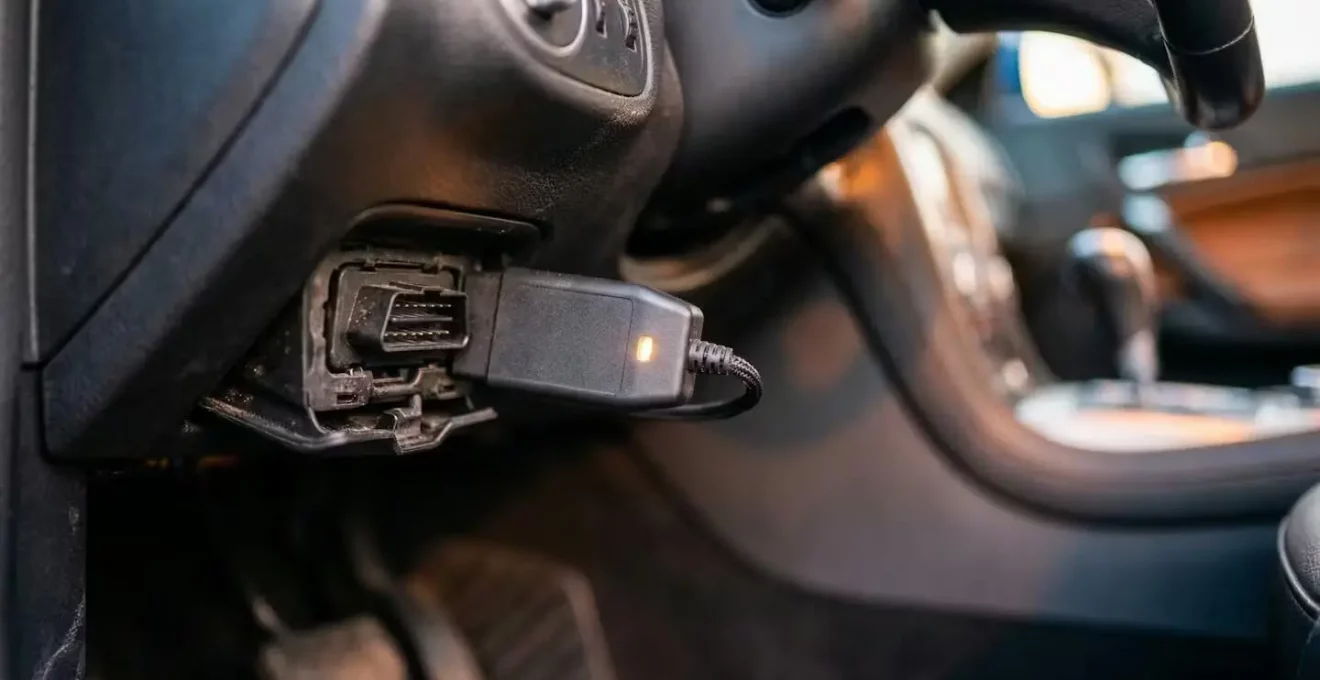 Gros plan sur un boîtier connecté installé dans une voiture moderne avec affichage de données