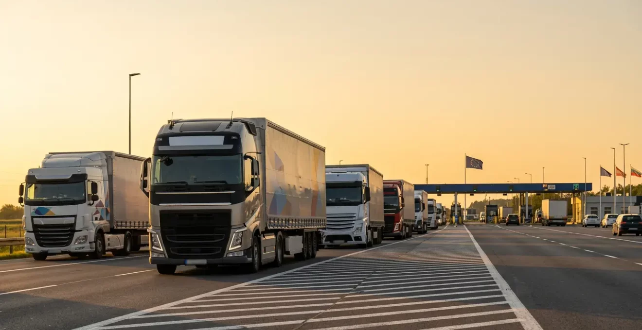 Transport routier international en Europe avec camions traversant une frontière