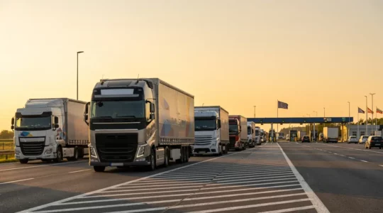 Transport routier international en Europe avec camions traversant une frontière