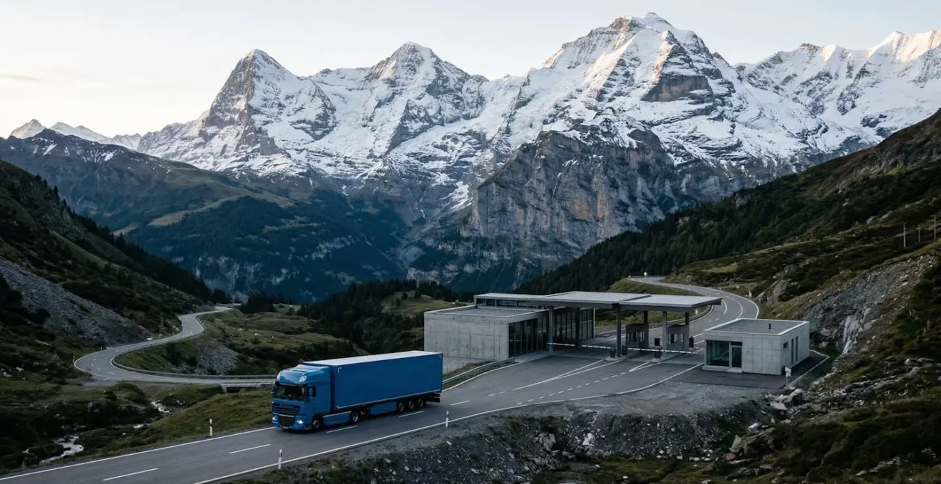 Camion de transport international traversant un poste frontière alpin entre l'UE et la Suisse