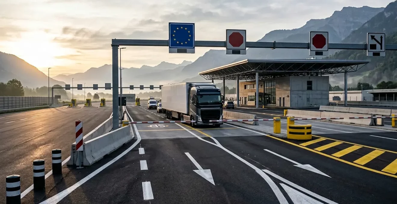 Camion de transport à un poste frontière avec documents administratifs et contrôles douaniers