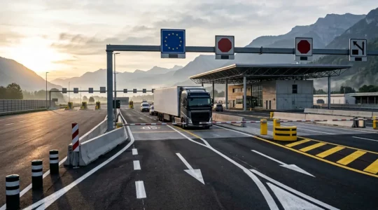 Camion de transport à un poste frontière avec documents administratifs et contrôles douaniers
