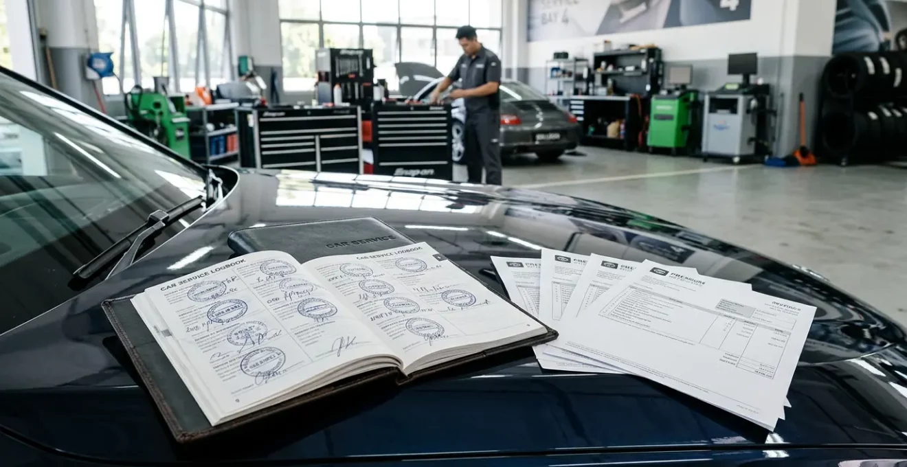 Un carnet d'entretien automobile ouvert posé sur le capot d'une voiture avec des factures et un mécanicien en arrière-plan