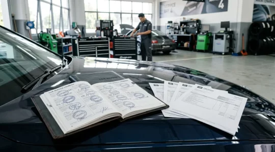 Un carnet d'entretien automobile ouvert posé sur le capot d'une voiture avec des factures et un mécanicien en arrière-plan