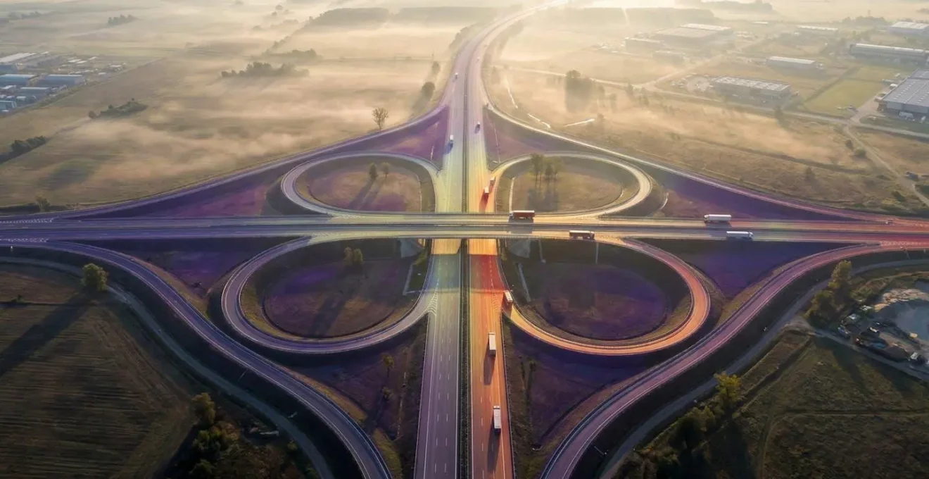 Vue aérienne d'un réseau routier avec visualisation abstraite des flux d'émissions