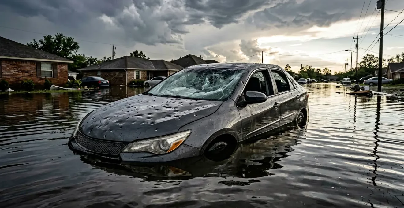 Véhicule endommagé par la grêle et l'inondation dans un contexte de catastrophe naturelle