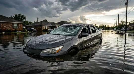 Véhicule endommagé par la grêle et l'inondation dans un contexte de catastrophe naturelle