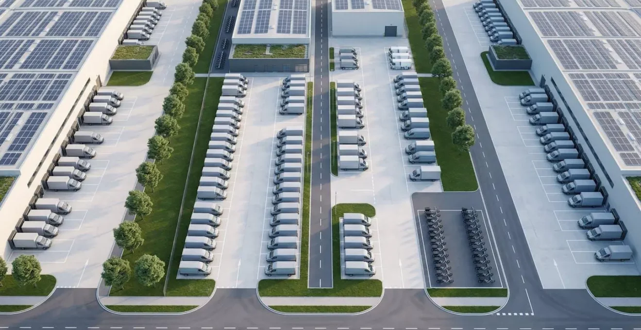 Vue aérienne d'un centre de distribution urbain moderne avec véhicules électriques et zones de tri