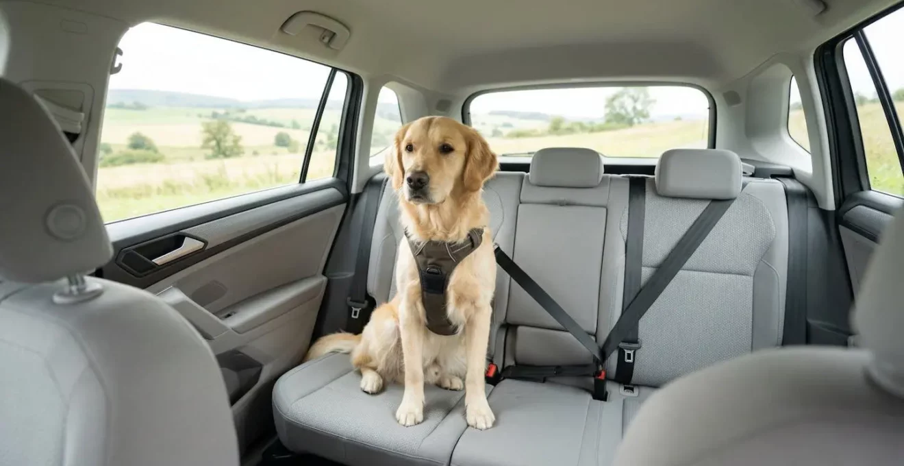 Chien correctement sécurisé dans un harnais de sécurité à l'arrière d'une voiture