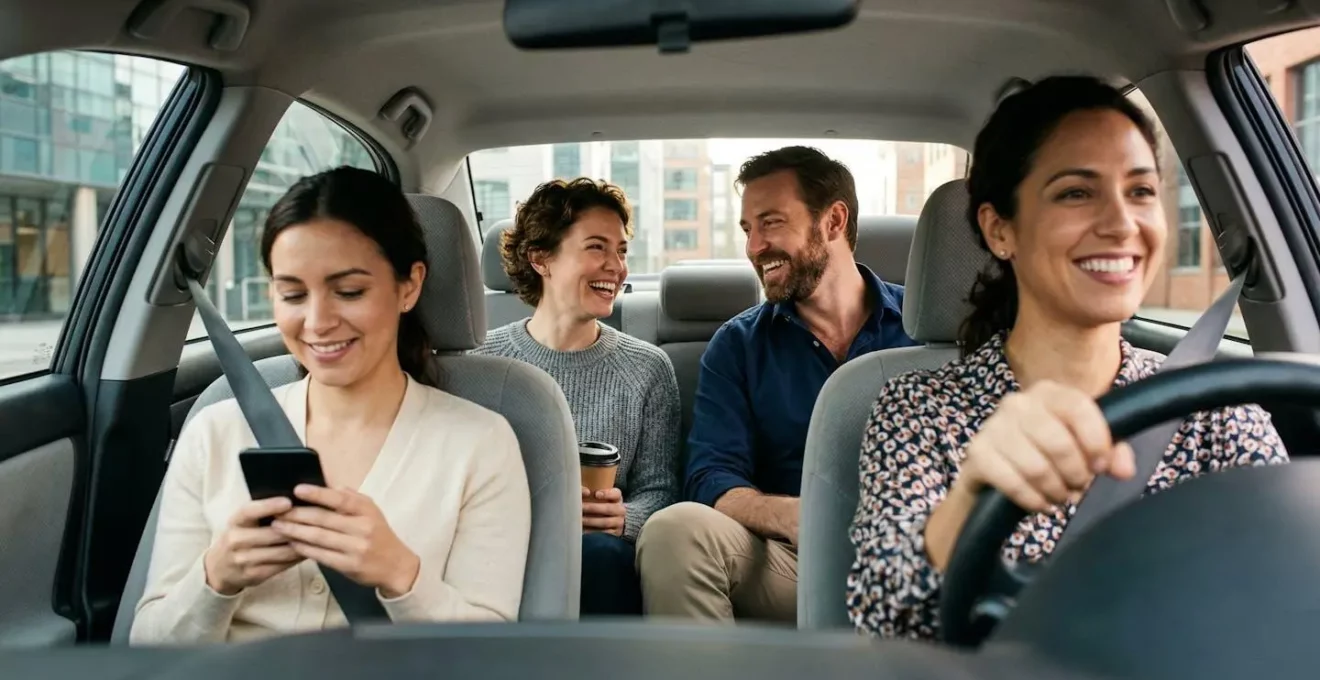 Collègues de travail discutant de manière détendue dans une voiture en route vers le bureau