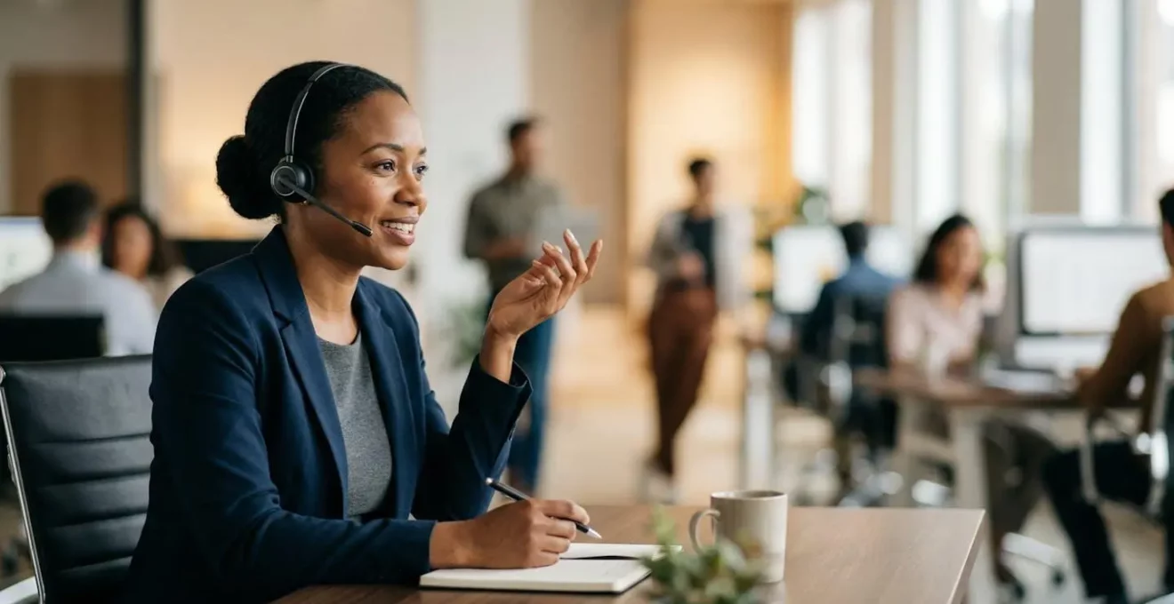 Professionnel en conversation téléphonique dans un environnement de bureau moderne