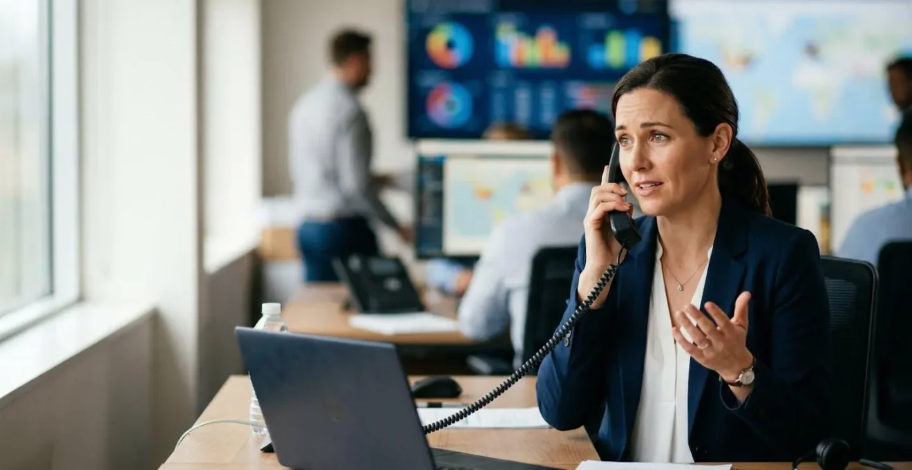 Professionnel en communication de crise gérant les relations clients après incident logistique