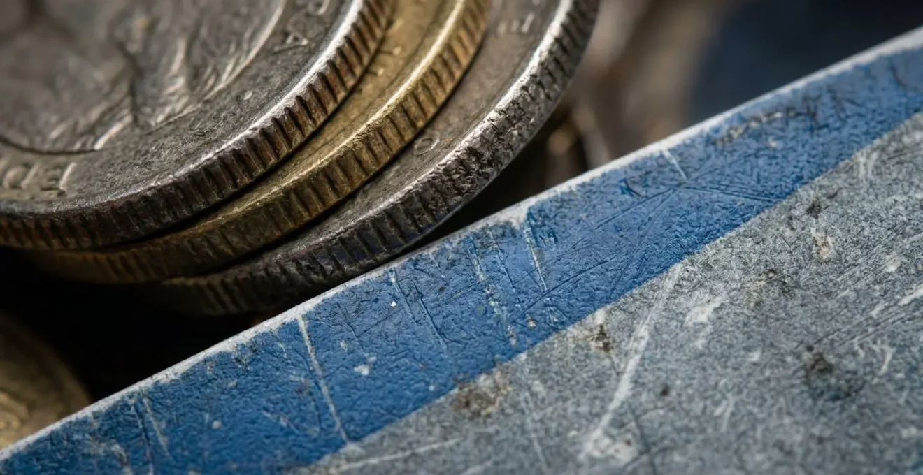 Vue macro de pièces de monnaie et ticket de transport illustrant les économies