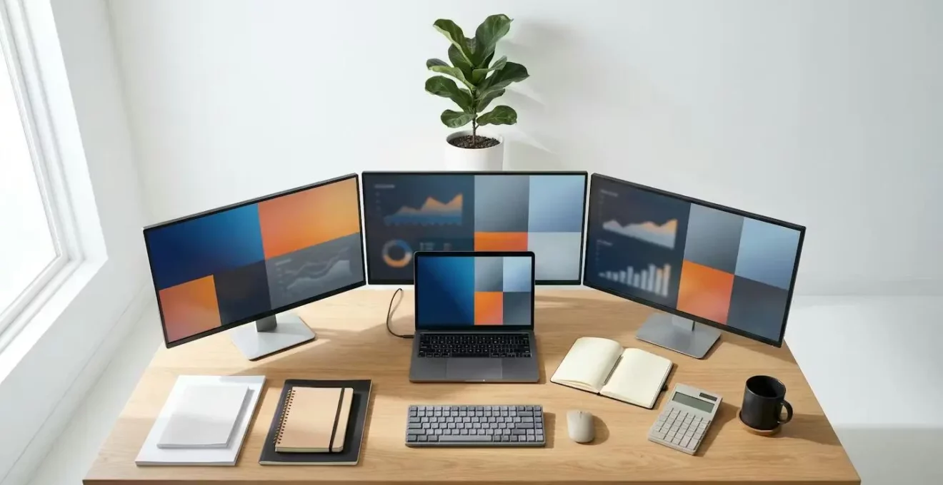 Bureau avec plusieurs écrans montrant des comparatifs d'assurance vus de dos