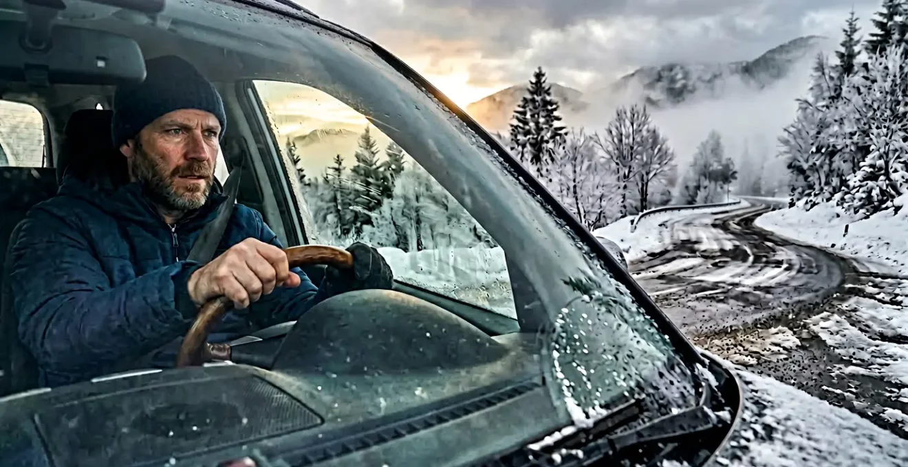 Conducteur analysant prudemment une route enneigée et verglacée depuis l'intérieur de son véhicule