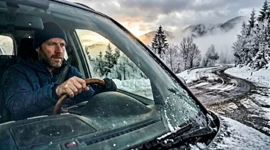 Conducteur analysant prudemment une route enneigée et verglacée depuis l'intérieur de son véhicule