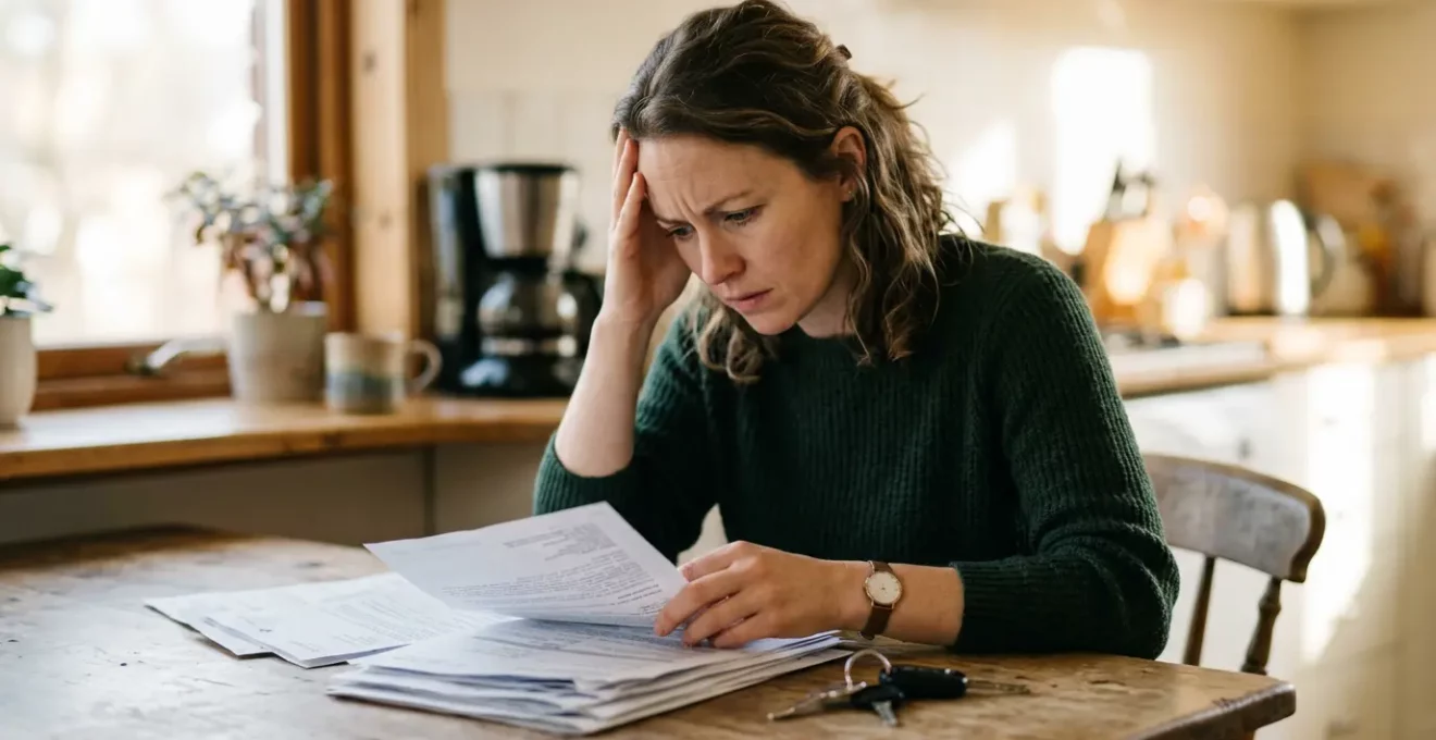 Conducteur préoccupé examinant des documents d'assurance avec clés de voiture posées sur une table