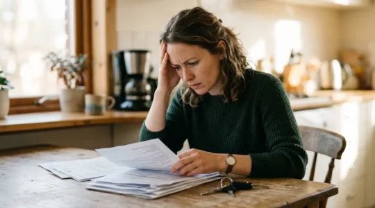 Conducteur préoccupé examinant des documents d'assurance avec clés de voiture posées sur une table