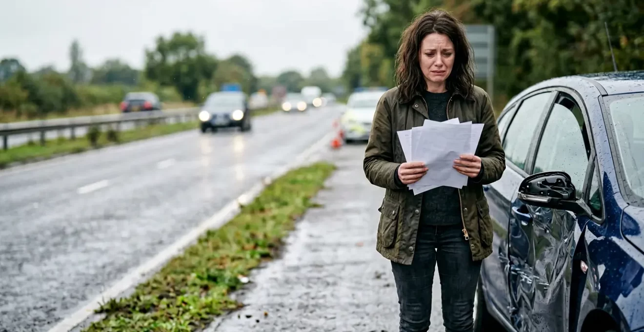 Conducteur après accident automobile tenant des documents d'assurance avec véhicule endommagé en arrière-plan