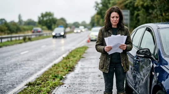 Conducteur après accident automobile tenant des documents d'assurance avec véhicule endommagé en arrière-plan