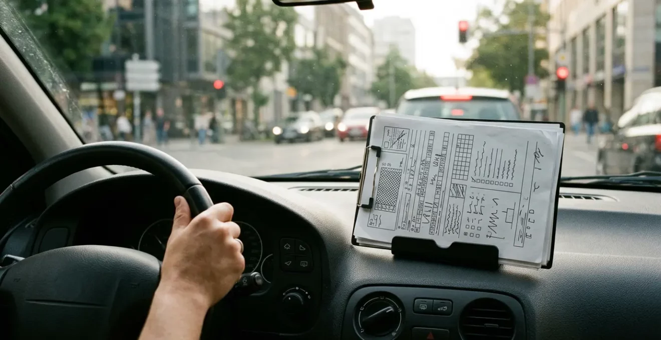 Conducteur à l'arrêt dans sa voiture consultant des documents administratifs sur un support fixé au tableau de bord