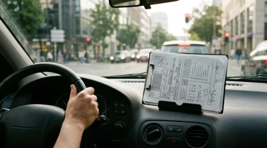 Conducteur à l'arrêt dans sa voiture consultant des documents administratifs sur un support fixé au tableau de bord