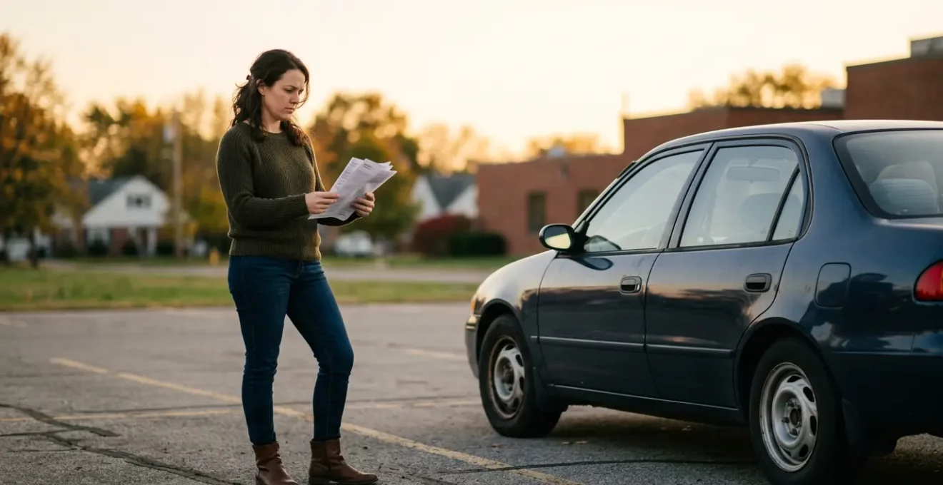 Conducteur réfléchissant devant sa voiture avec des documents d'assurance dans une ambiance contemplative