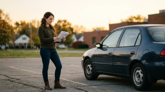 Conducteur réfléchissant devant sa voiture avec des documents d'assurance dans une ambiance contemplative
