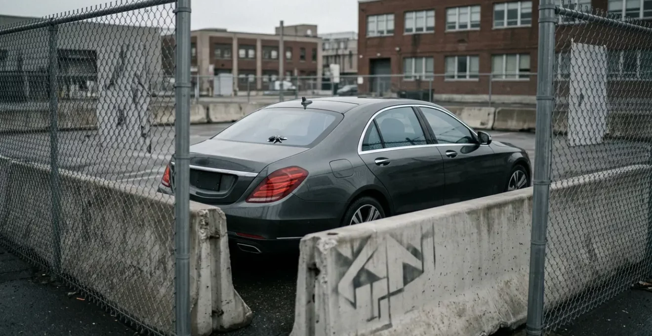 Véhicule immobilisé en fourrière avec chaînes et panneau d'interdiction après grand excès de vitesse