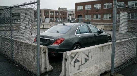 Véhicule immobilisé en fourrière avec chaînes et panneau d'interdiction après grand excès de vitesse