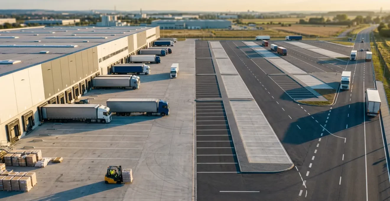 Vue aérienne d'un centre logistique moderne avec des connexions numériques symbolisant la chaîne d'approvisionnement