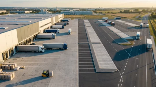 Vue aérienne d'un centre logistique moderne avec des connexions numériques symbolisant la chaîne d'approvisionnement