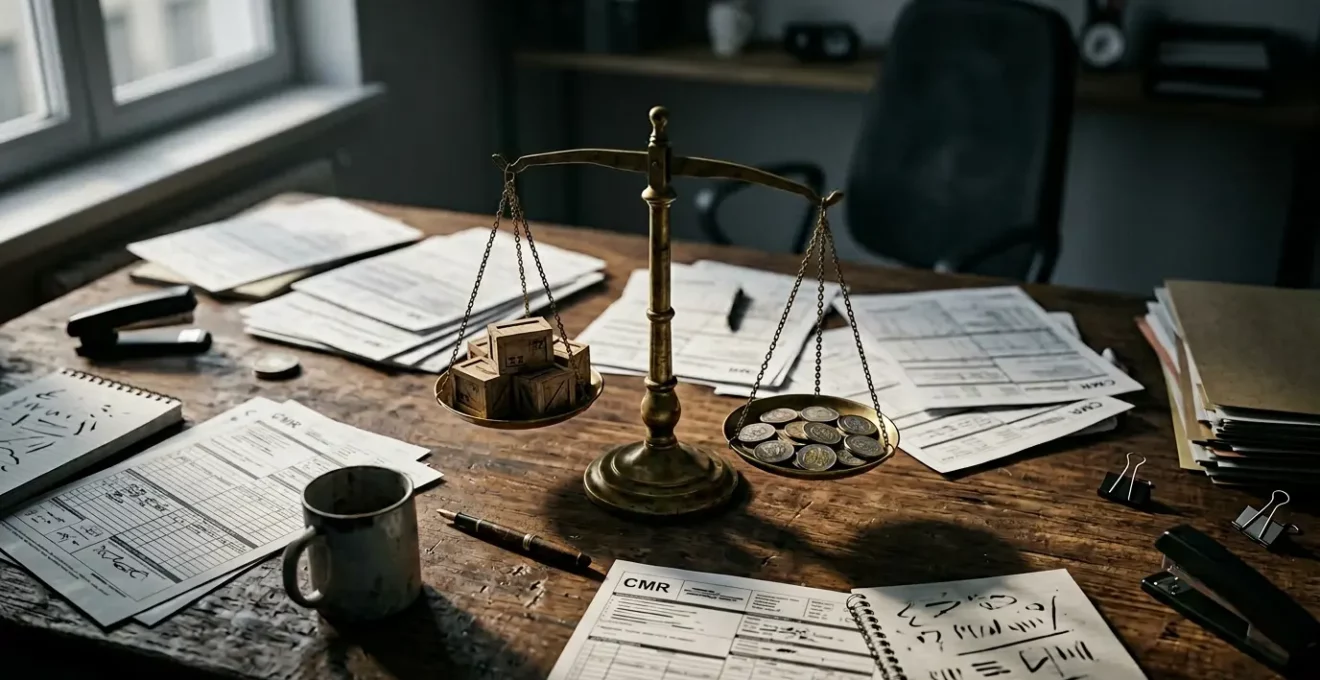Transporteur routier analysant des documents CMR sur un bureau avec calculatrice et balance symbolique représentant les limites d'indemnisation