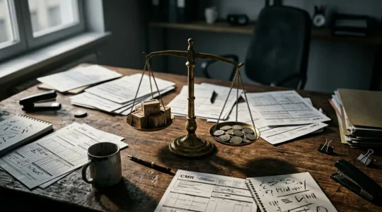 Transporteur routier analysant des documents CMR sur un bureau avec calculatrice et balance symbolique représentant les limites d'indemnisation