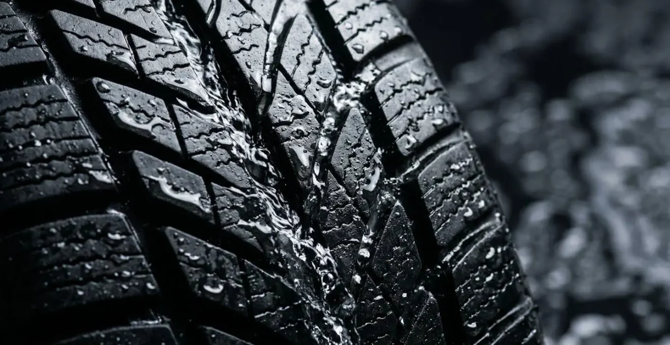 Vue macro d'un pneu évacuant l'eau à travers ses rainures