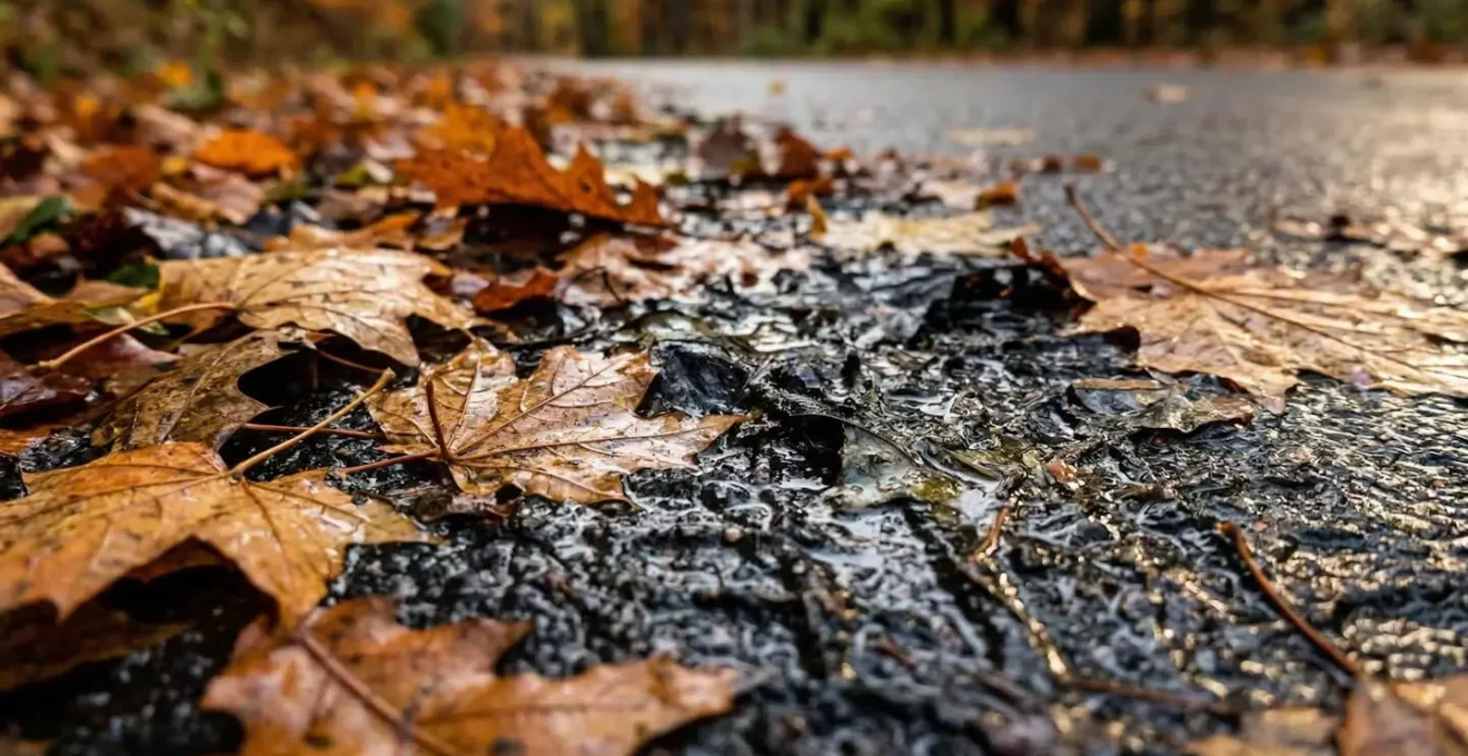 Gros plan macro sur des feuilles mortes humides formant une surface glissante sur l'asphalte