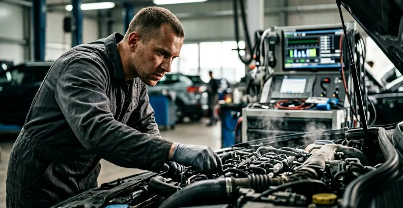 Mécanicien analysant un moteur diesel avec équipement de décalaminage à l'hydrogène