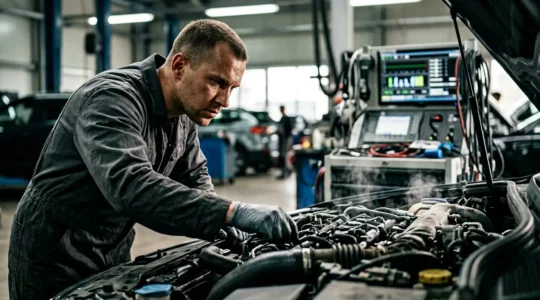 Mécanicien analysant un moteur diesel avec équipement de décalaminage à l'hydrogène