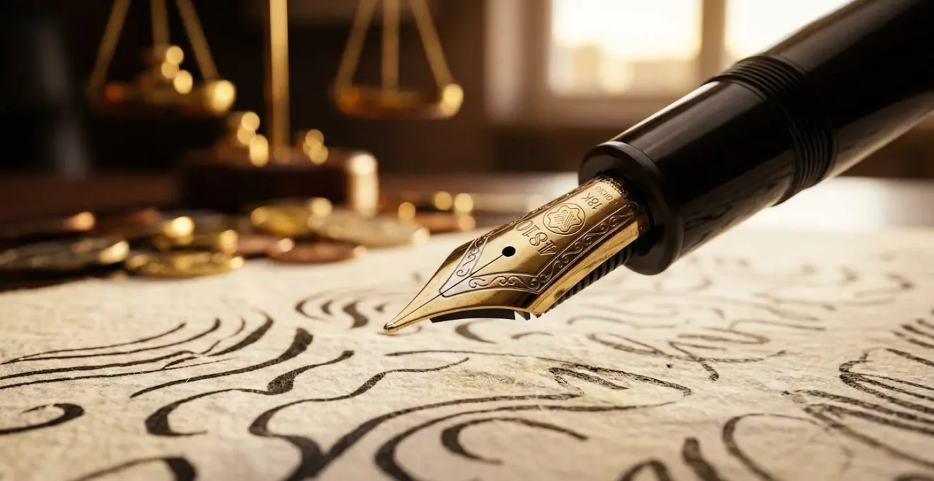 Gros plan sur une main signant un document avec une balance en arrière-plan flou symbolisant le calcul des préjudices commerciaux