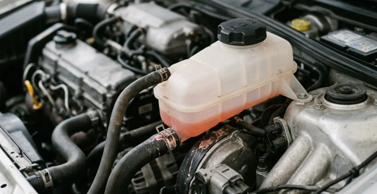 Gros plan sur un réservoir d'expansion de liquide de refroidissement avec des traces de fuite visibles sur les durites