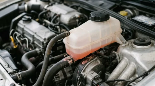 Gros plan sur un réservoir d'expansion de liquide de refroidissement avec des traces de fuite visibles sur les durites