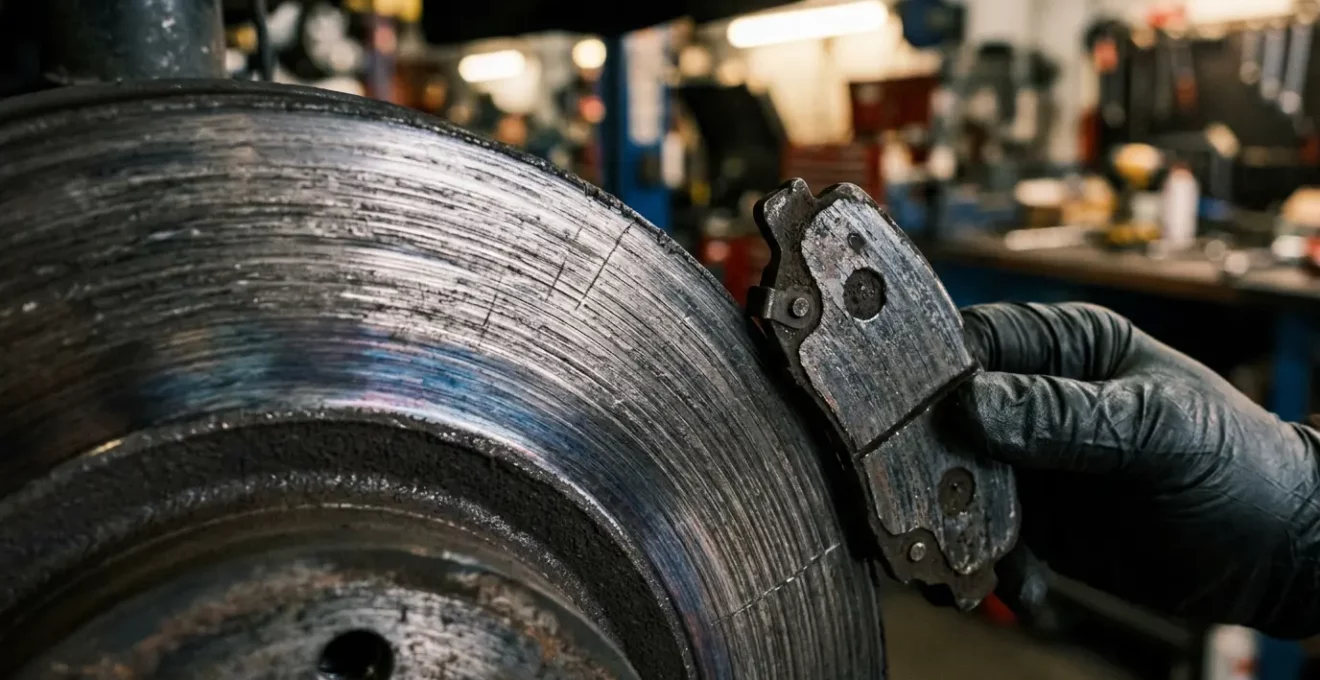 Mécanicien examinant un disque de frein rayé avec une plaquette usée dans un atelier automobile professionnel