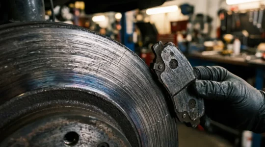 Mécanicien examinant un disque de frein rayé avec une plaquette usée dans un atelier automobile professionnel