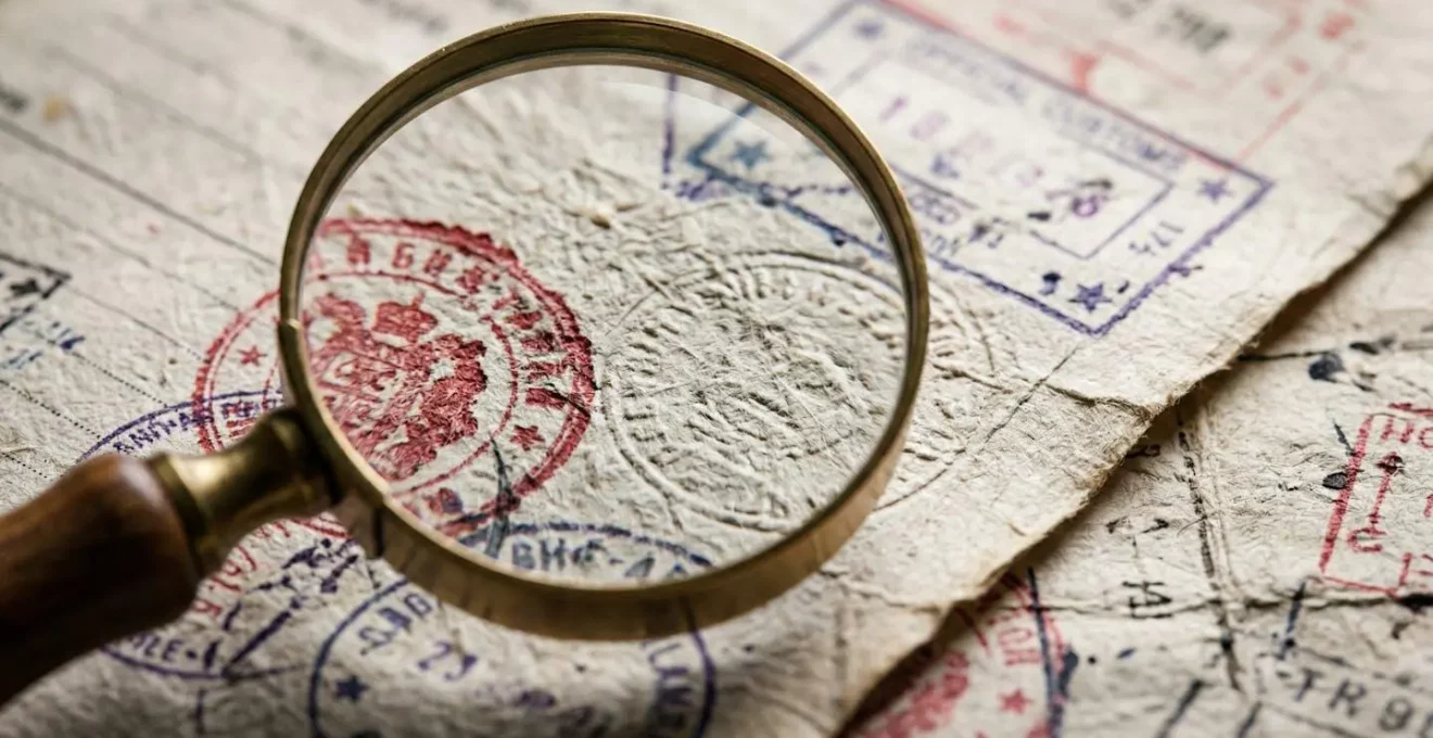 Inspection détaillée de documents douaniers avec une loupe, mettant en évidence la complexité et l'importance de la vérification.