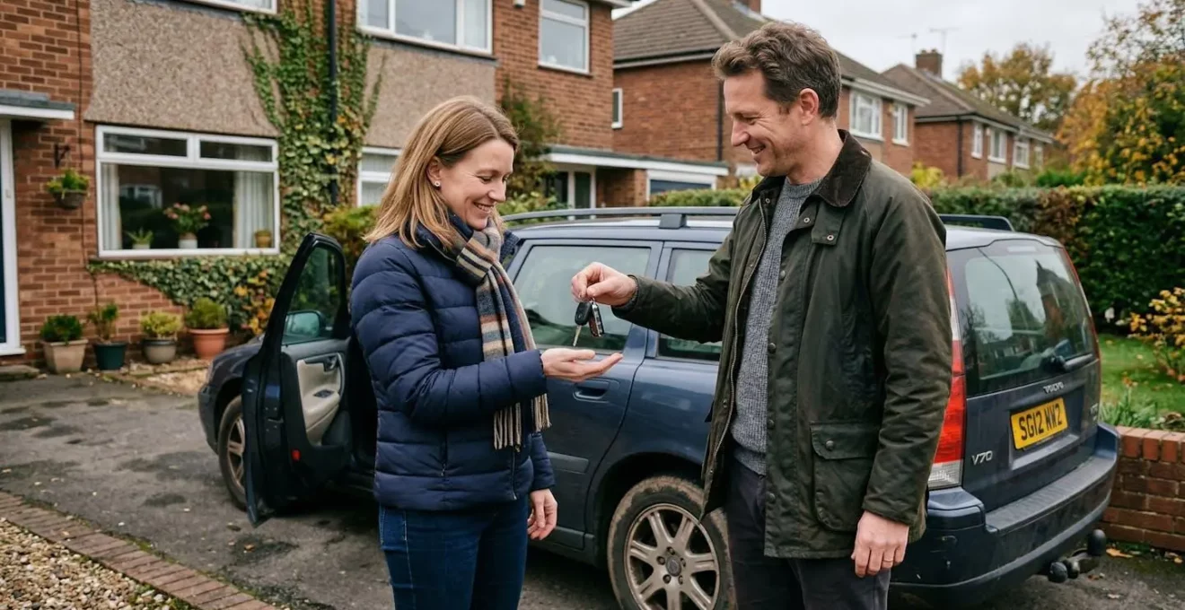 Échange de clés de voiture entre deux adultes près d'un véhicule résidentiel